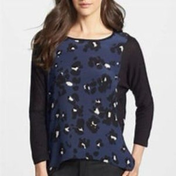 Rebecca Taylor Tops - Rebecca Taylor Navy Blue Grey Leopard Animal Print Silk Wool Blend Blouse Size 2